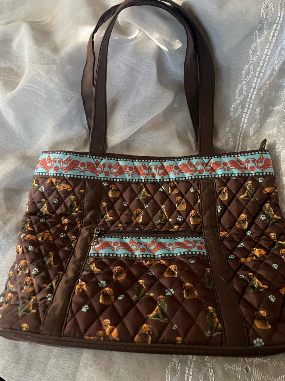 Golden Retriever Quilted Brown Floral Trim Tote Bag